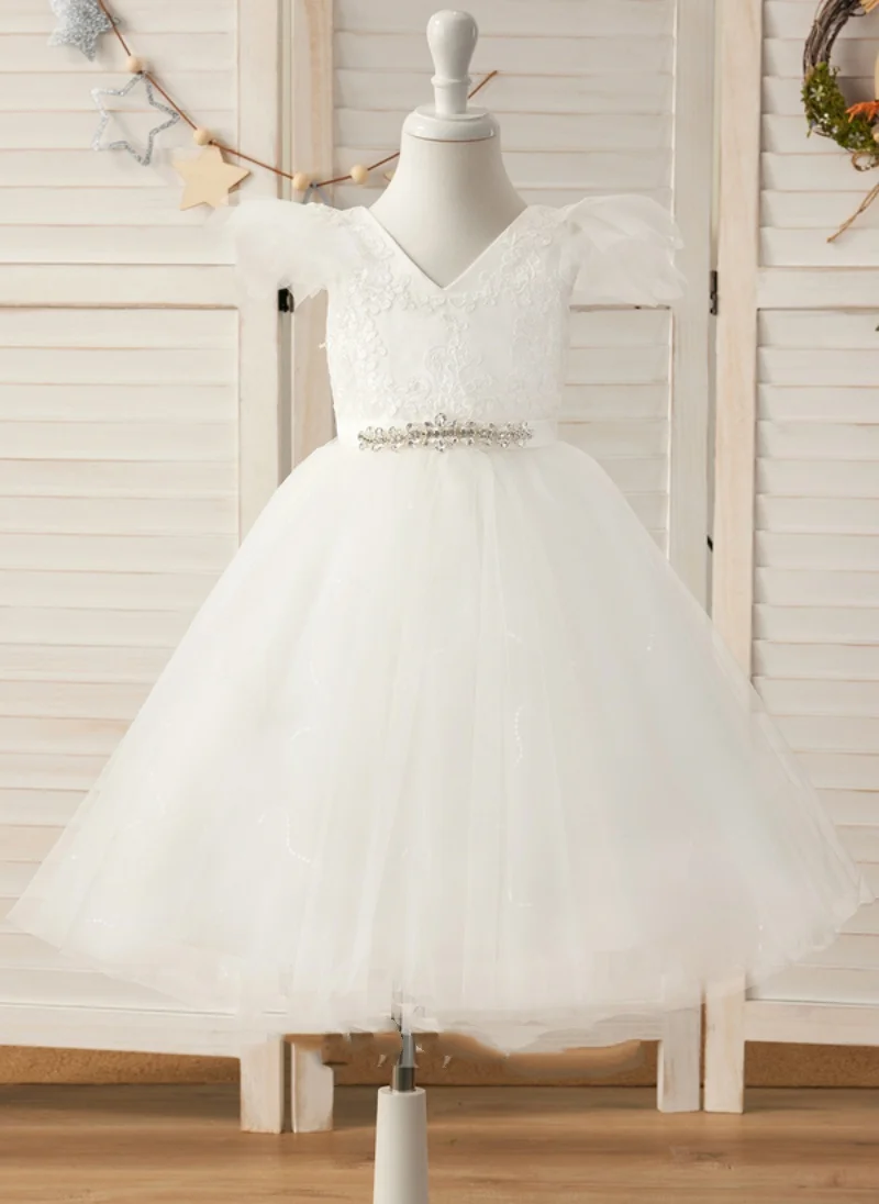 

New Ivory White Flower Girls Dresses Tiered Tulle V Neck Kid Birthday Party Gown Christmas First Communion Dresses