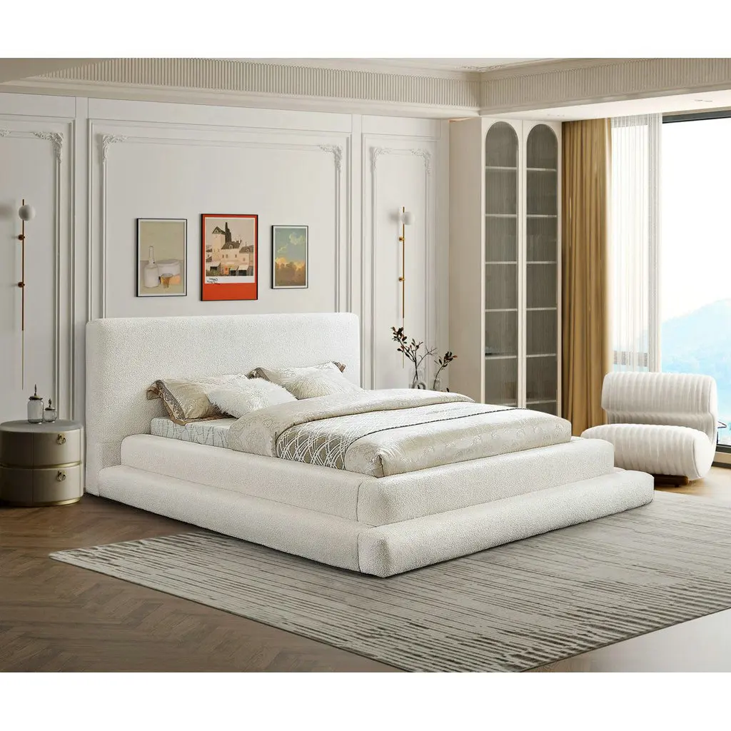 #Soft Plush Cream Faux Shearling Teddy Fabric Upholstered Blanket Double Queen Bed Frame Woodenl King Size Bed for 5 Star Hotel