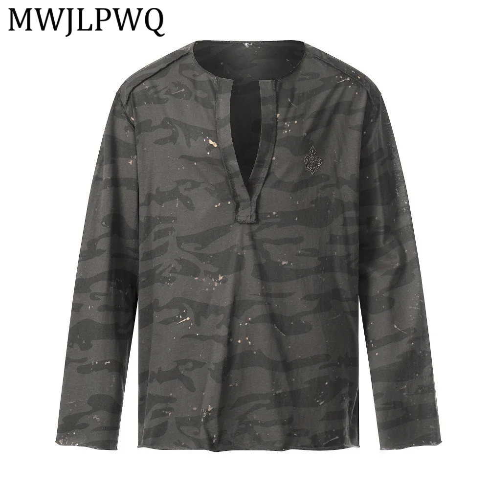 

Мужская футболка MWJLPWQ в уличном стиле с камуфляжным принтом, весна-осень, винтажный дизайн с эффектом потертости, нишевая свободная модель с длинным рукавом, 13230