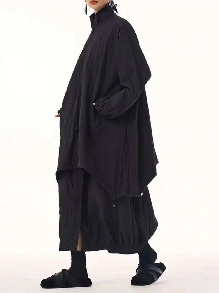 

Black Pleated Big Size Drawstring Jacket New Stand Collar Long Sleeve Women Coat Fashion Tide Spring Autumn