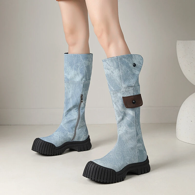 

NEW Autumn/Winter Women Boots Round Toe Chunky Heel Long Boots Women Denim Shoes for Women Casual Platform Shoes Knee-high Boots