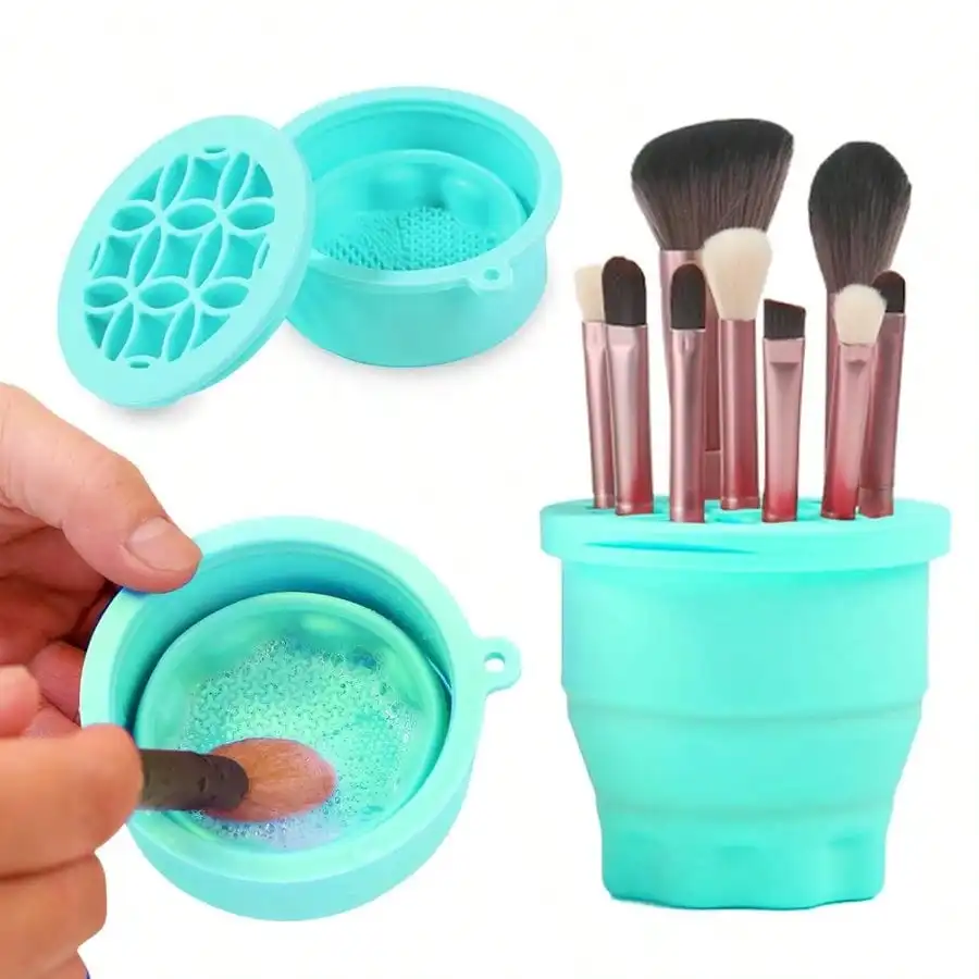 

Makeup Brushes Cleaner With Brush Storage Holder, Folding Portable Washing Makeup Brush Cleaning, 2 In 1 Silicone Brush Cleaner Pad Cosmetic Brush Organizer Rack (Green)