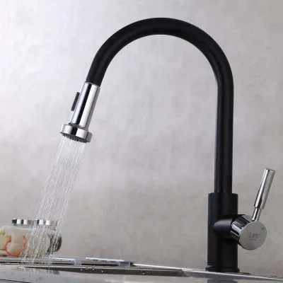 Hot and cold water pull out black color kitchen mixer faucet