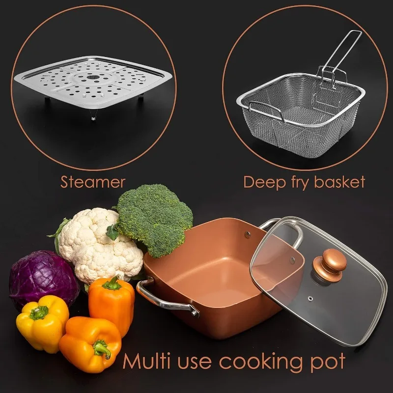 Non Stick Pan, Deep Square Pan, Fry Basket, Steamer Rack, Dishwasher & Oven Safe, 5 Quart Copper Pot Set, Induction Copper