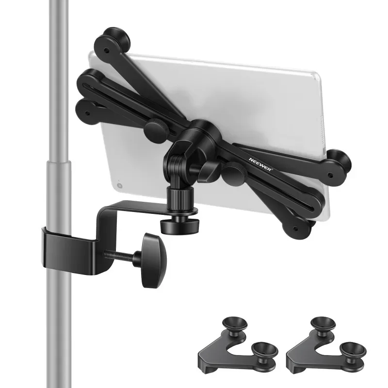 

Adjustable tablet stand with 360 degree rotating clip suitable for tablets ranging from 7 inches to 14 inches