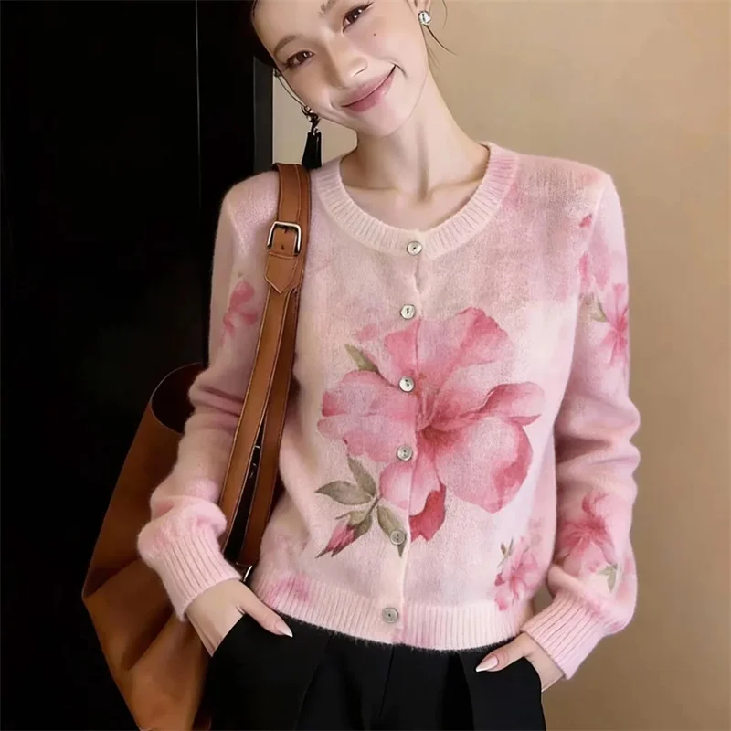 Women's sweater Fashion Spring Summer Pink Floral Print Knitted Sweater Cardigan Round Neck Long Sleeved Top Jacket