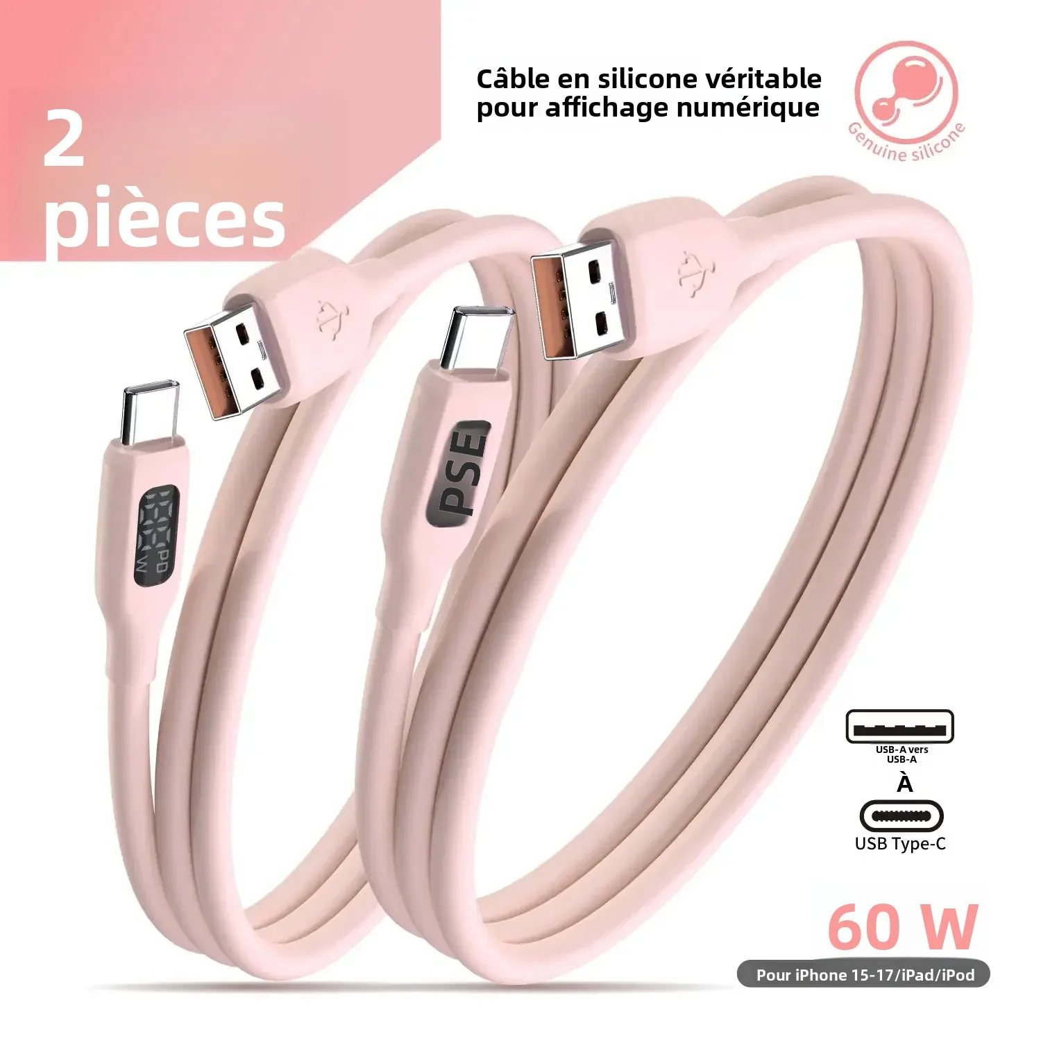 Câble USB-A vers USB-C à charge rapide, câble de chargeur Type-C pour iPhone 17 Pro Max Samsung S25 24 Huawei Xiaomi Pixel Android [Lot de 2]