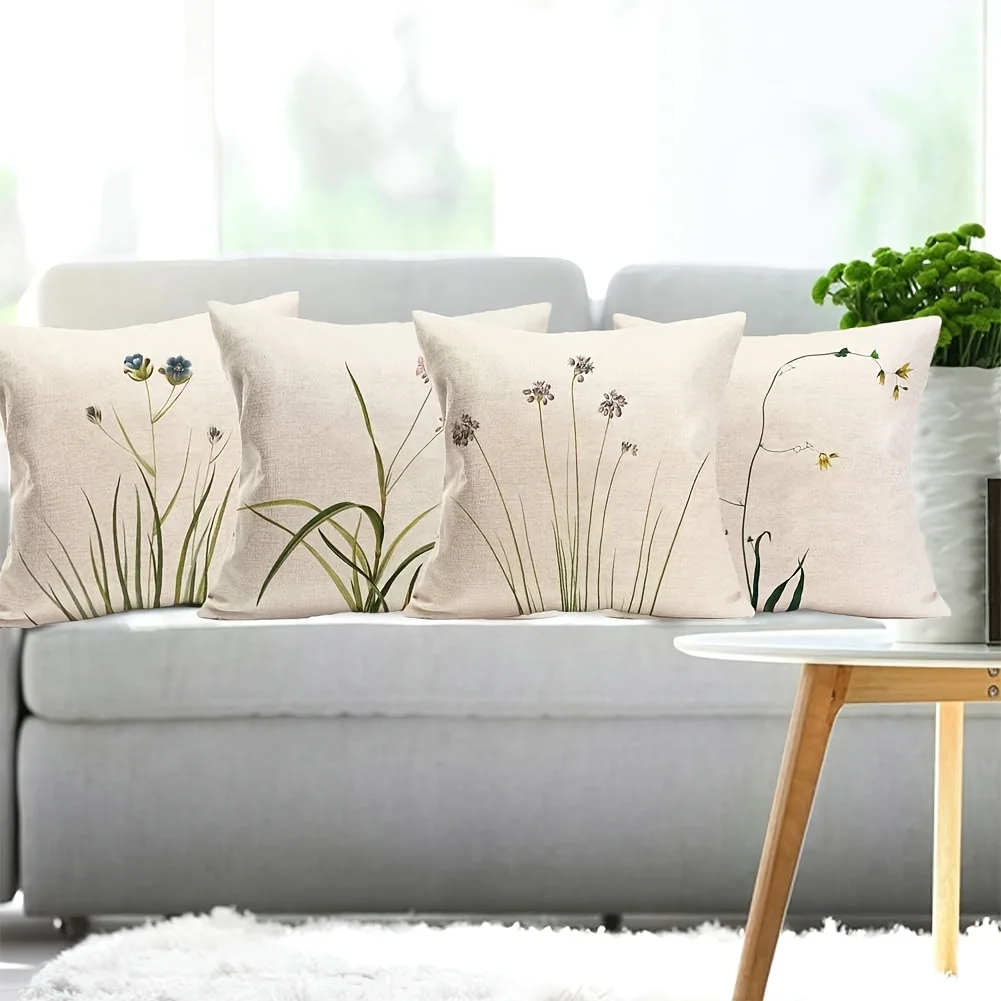4Pcs Double‑Sided Spring Floral Plant Motif Pillow Covers, Square Cushion Cases for Sofa Home Decor (No Insert)