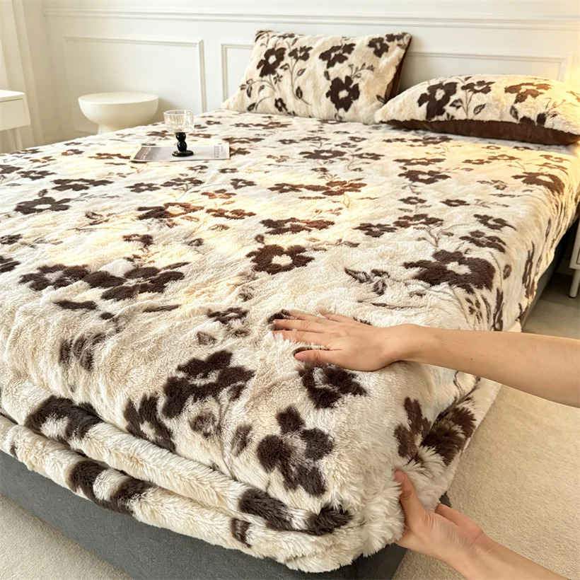 Luxury Shaggy Animal Print Bedding Set Thickened Warm Fleece Velvet Fitted Sheet Mattress Cover Protector Plush Bed Sheet Set