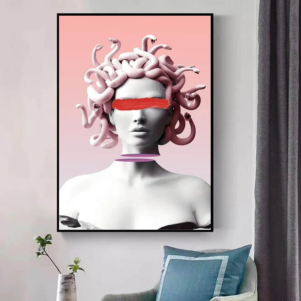 Medusa Vaporwave Sculpture Funny Art Posters And Prints Gorgon Statue Decor Canvas Painting On Wall Art Picture For Living Room