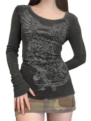 Women Fashion T-shirt Vintage Grey Long Sleeve Crew Neck Flower Print Slim Fit Ladies Tops for Casual Daily 2024 New Streetwear
