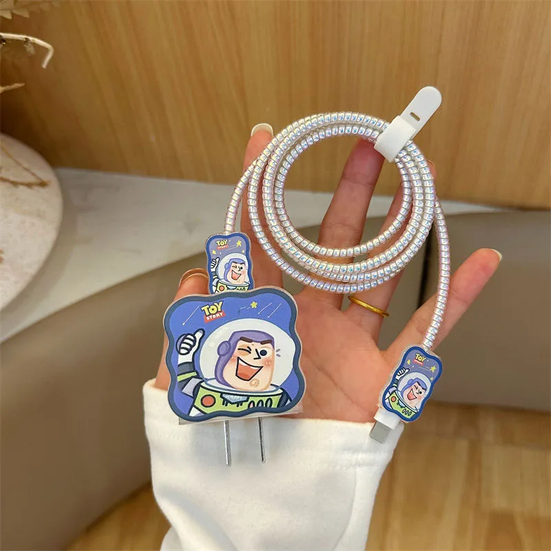 Disney Buzz Lightyear Fast Charger Data Cable Protective Cover for iPhone 14 13/12/11 Pro Max 18W/20W Glue Shell Winding Rope