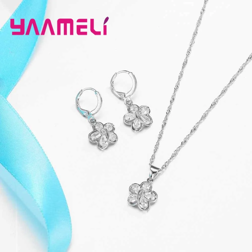 Free Shipping Trendy Bridal Wedding 925 Sterling Silver Jewelry Sets For Women Statement Necklaces Earrings Set Lady