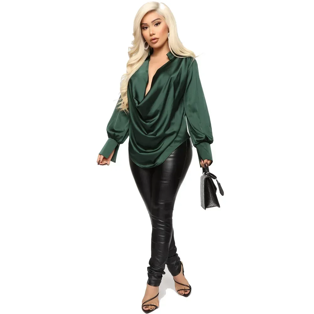 Autumn and Winter Fashion Blouses Womens New Sexy Temperament Long Sleeves Deep V-Neck Satin Versatile Top for Women