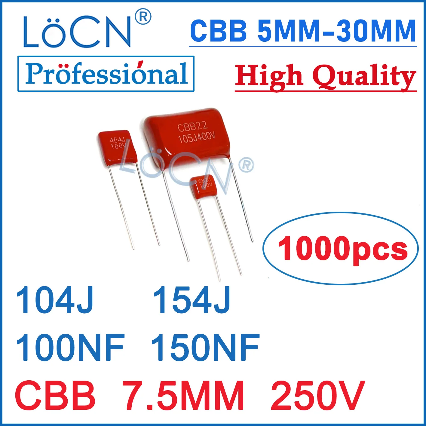 LoCN 1000PCS 7.5MM 250V 104J 154J 100NF 150NF P7.5 CBB Polypropylene Film Capacitors High Quality 104 154 5MM~30MM 100V~630V