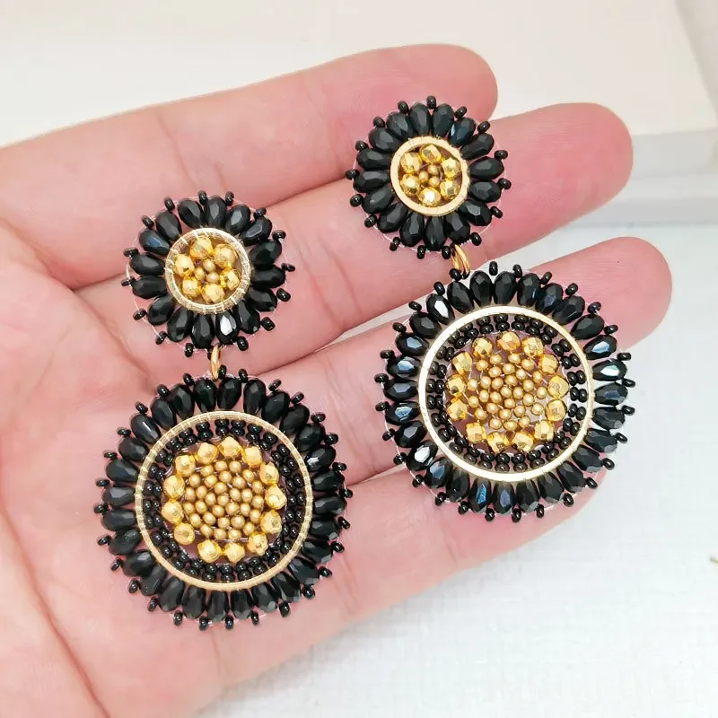 Beaded earrings Retro Creativity Crystal Bohemia Sunflower Pattern Hand textile Black Female Trend Alloy Rice bead earrings