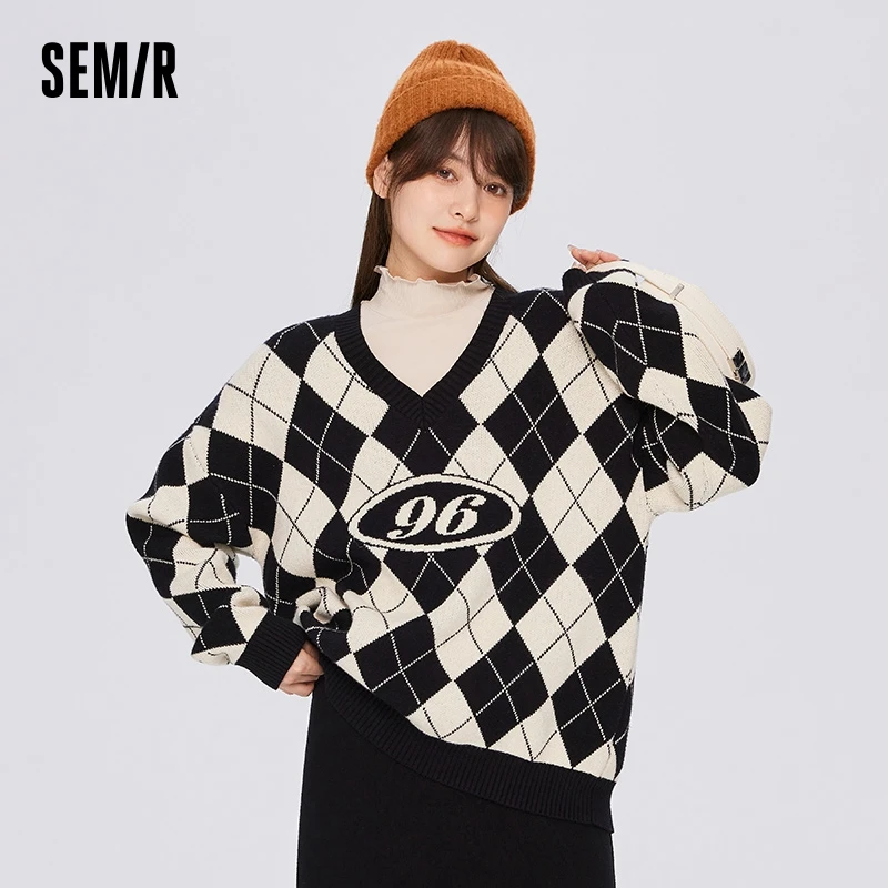 Semir Sweater Women Diamond Check Loose Stacked 2023 Winter New Jacquard Retro V-Neck Off-Shoulder Sweater