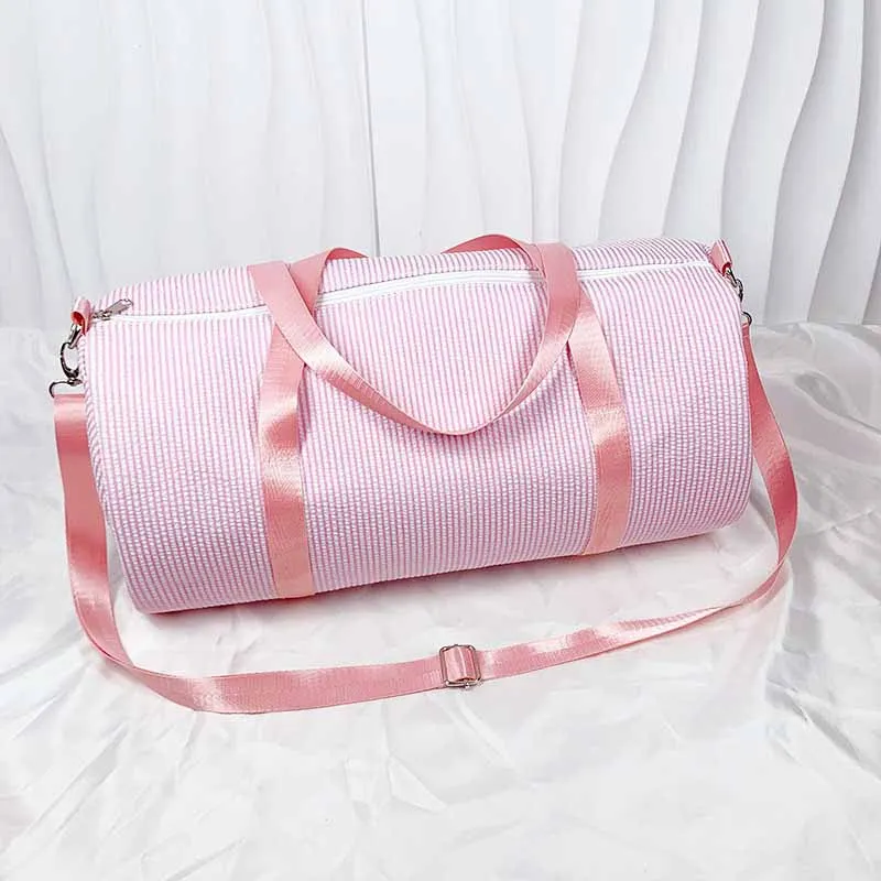 Personalized Seersucker Duffel Bag With Monogram Work, Preppy Travel Bag For Kids, Ballet,Sports, Sleeping Parties, Weekend Nigh