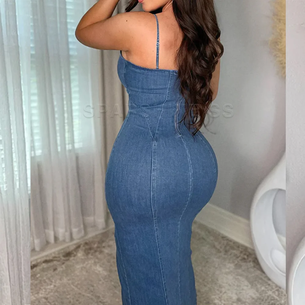 2024 Fashion Women Slit Denim Dress Slim Fit Elegant Streetwear Y2k Trend Strap Dress Spring Summer Slimming Waist Bodysuits