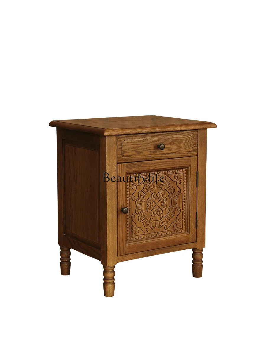 

American Country Solid Wood Bedside Cabinet Retro Idyllic Oak Bedroom Carved Pattern Storage Cabinet