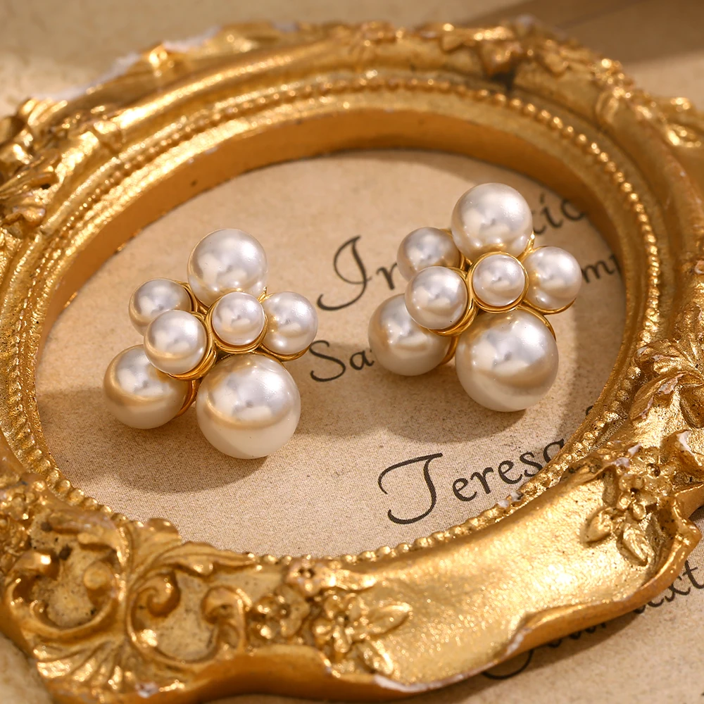 E.B.belle Elegant Style Pearl Stud Earring Tarnish Free Stainless Steel 18K Gold Plated Fashion Women Jewelry Party