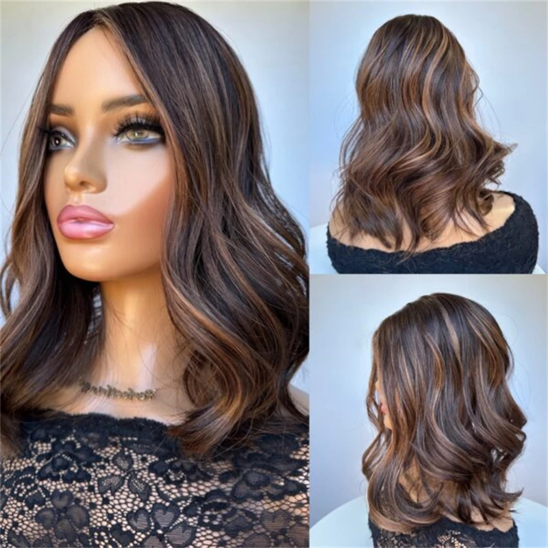 

14-дюймовый синтетический парик с омбре-эффектом и коричневыми прядями, HD-кружевной фронт, короткий волнистый боб, невидимое прозрачное кружево, предварительно выщипанные волосы, с центральным пробором