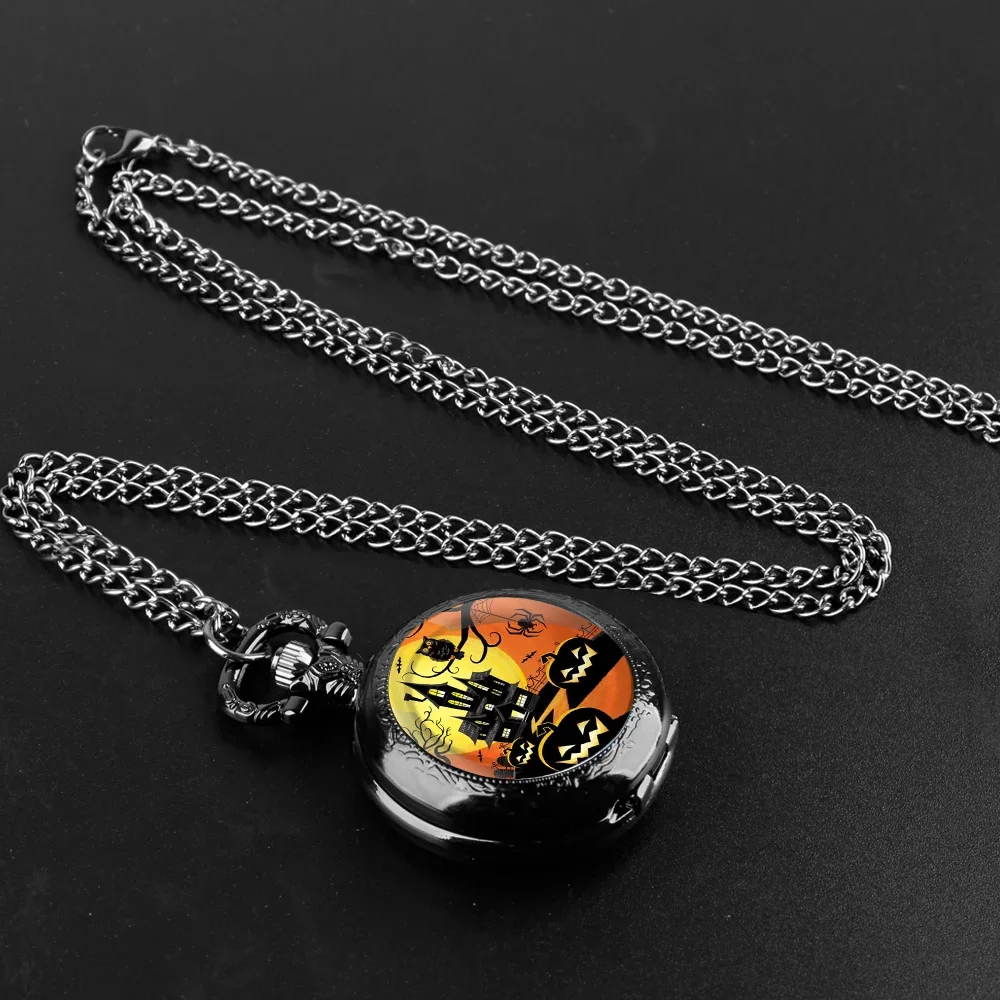 Halloween Dark Castle Glass Dome Quartz Pocket Watch With Durable Chain Arabic Numeral Dial Creative Gifts for Men Women Kids