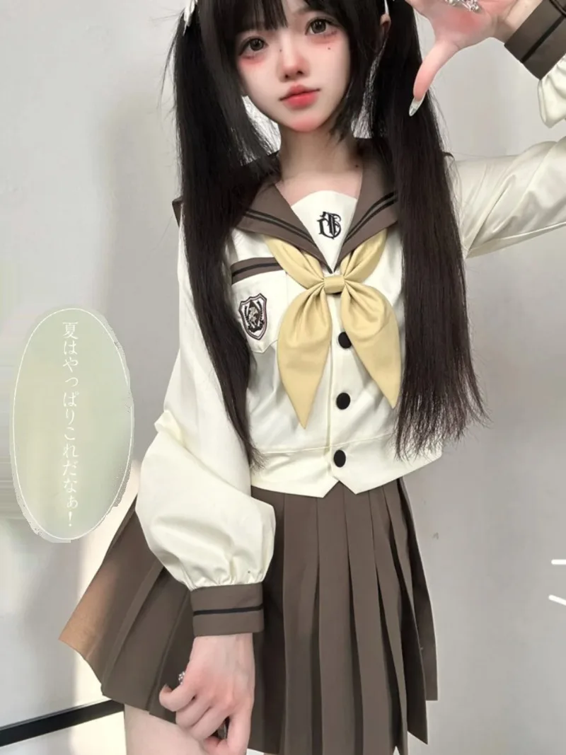 2024 New Japanese Sailor Suit JK Uniform Autumn Winter Milk Tea Color Colleage Style Students Brown Mini Skirt Bow Tie Top Sets