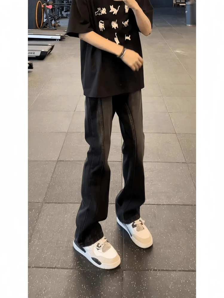 American High Street Vibe Men's Spring Autumn Workwear Jeans Straight Leg Micro Flare Long Trousers Retro Blue Denim Patchwork