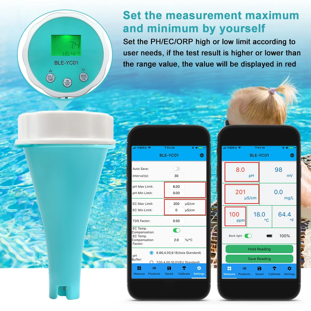 Portable Water Quality 6 In 1 PH EC Total Dissolved Temperature Multi-function Tester with Backlight Display IP67 Waterproof