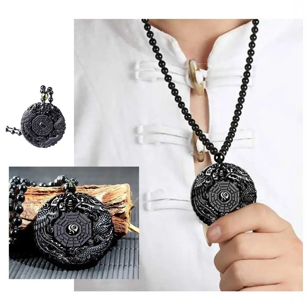 Natural Black Obsidian Hand Carved Chinese Dragon Phoenix Amulet BaGua Necklaces For Men Women Luck Mascot Amulet Male Necklace