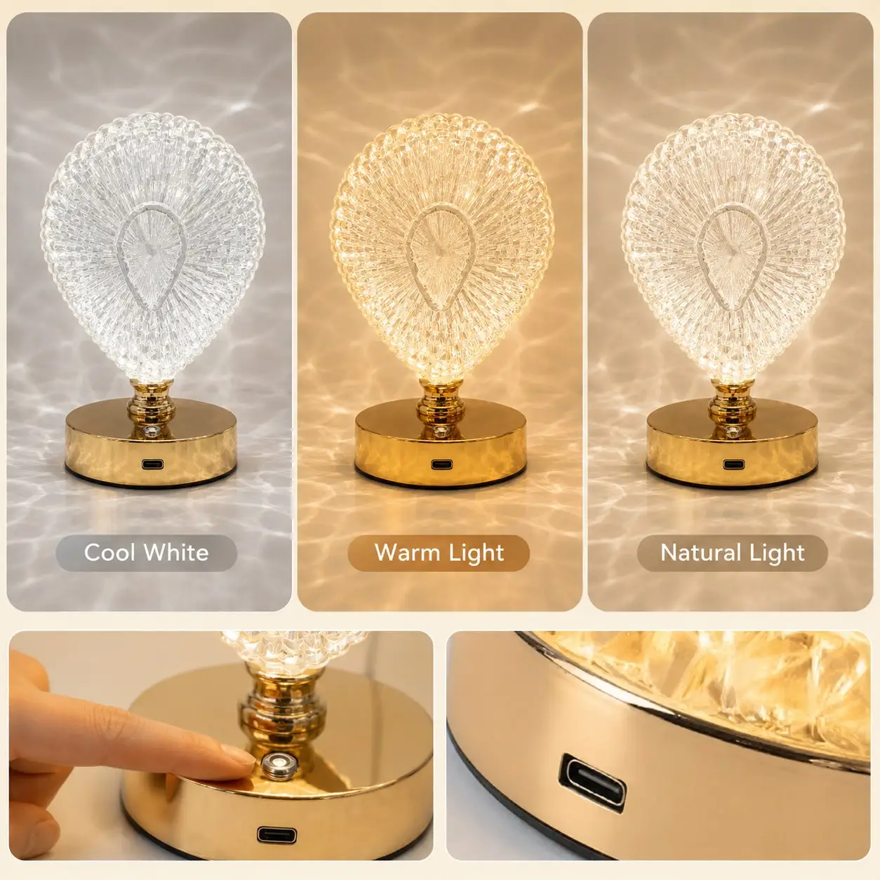 Small Table Lamp With Touch Control, Wooden Fish Crystal Acrylic 3 Color Dimmable USB Nightstand Light For Bedroom Living Room Christmas Decor