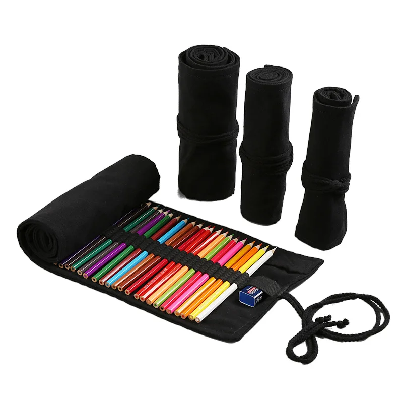 12/24/36/48/72 trous trousse à crayons en tissu noir papeterie brosse cosmétique crayon sac de rangement crayons rouleau Art stylo sac fournitures scolaires