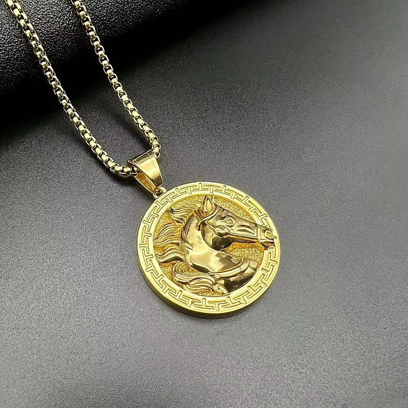 

Men's Gold Tone Horse Head Medallion Pendant Necklace, Stainless Steel Hip Hop Chain, 47mm Animal Charm Jewelry