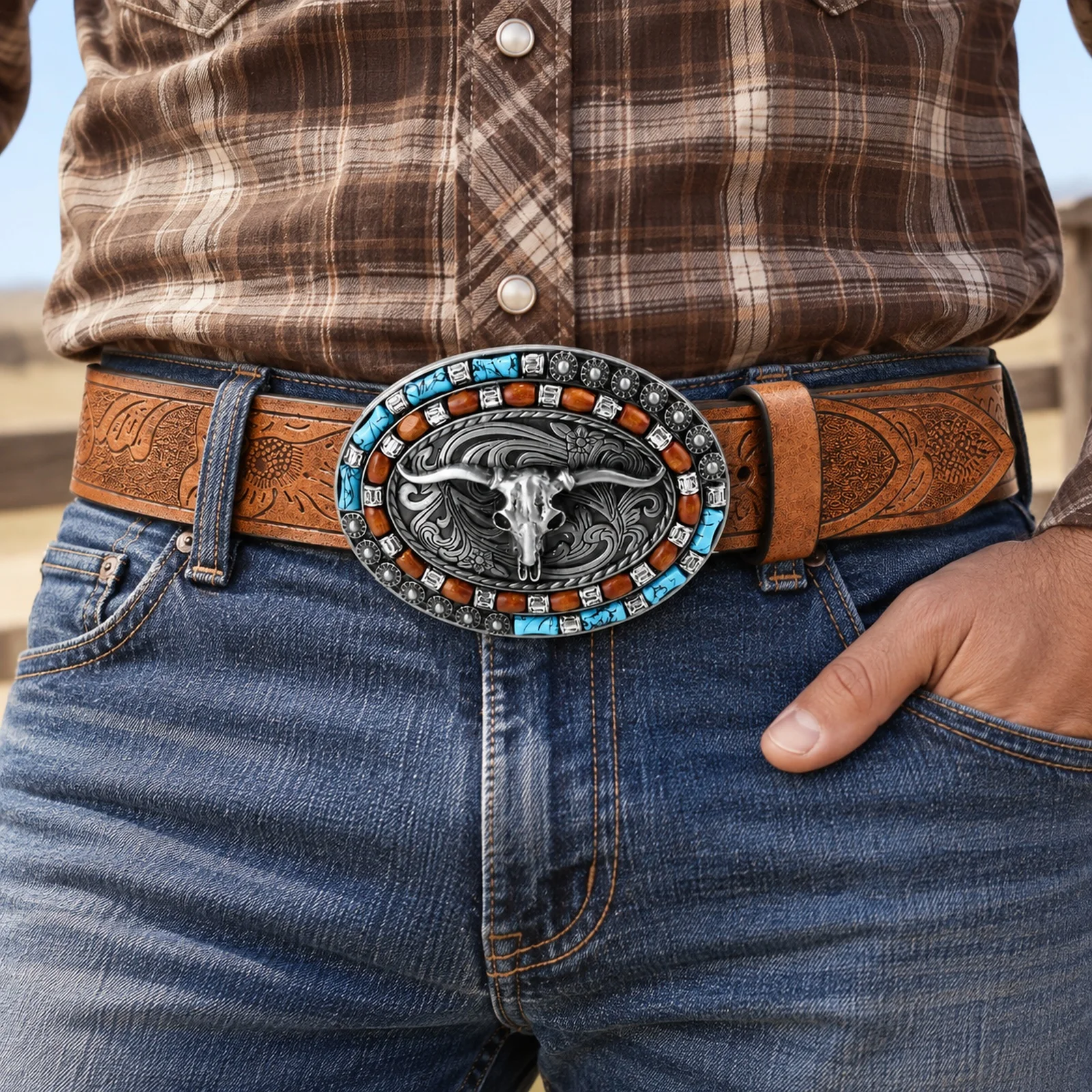 Western Belt Brown Embossed 110cm Waist Belt Large Oval Plate Statement Buckle Jeans Country Outfits Vintage Casual Styling