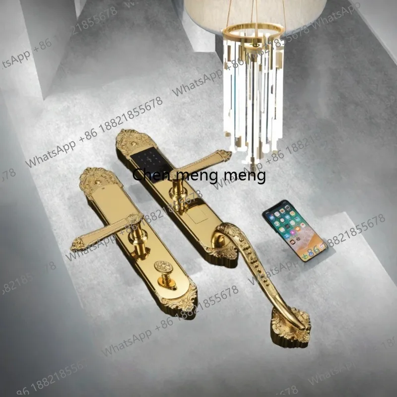 Solid Forged Pure Copper Fingerprint Smart Door Lock Luxury Vintage Antique Brass Handle Wood Door WiFi Aluminum Alloy