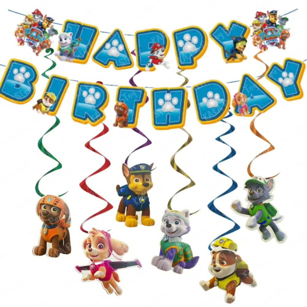 Paw Patrol Birthday Decoration Cartoon Puppy Paper Banner and 6 Hanging Swirls for Kids Boys Baby Shower Party Supplies Set