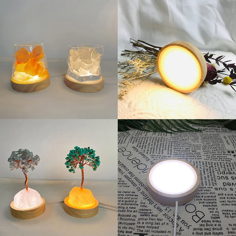 1Pc Hout Rond Led Nachtlampje Basis Kunst Display Houder Usb Lamp Voor Kristallen Glazen Bal Hars Kunst Decoratie 100Mm