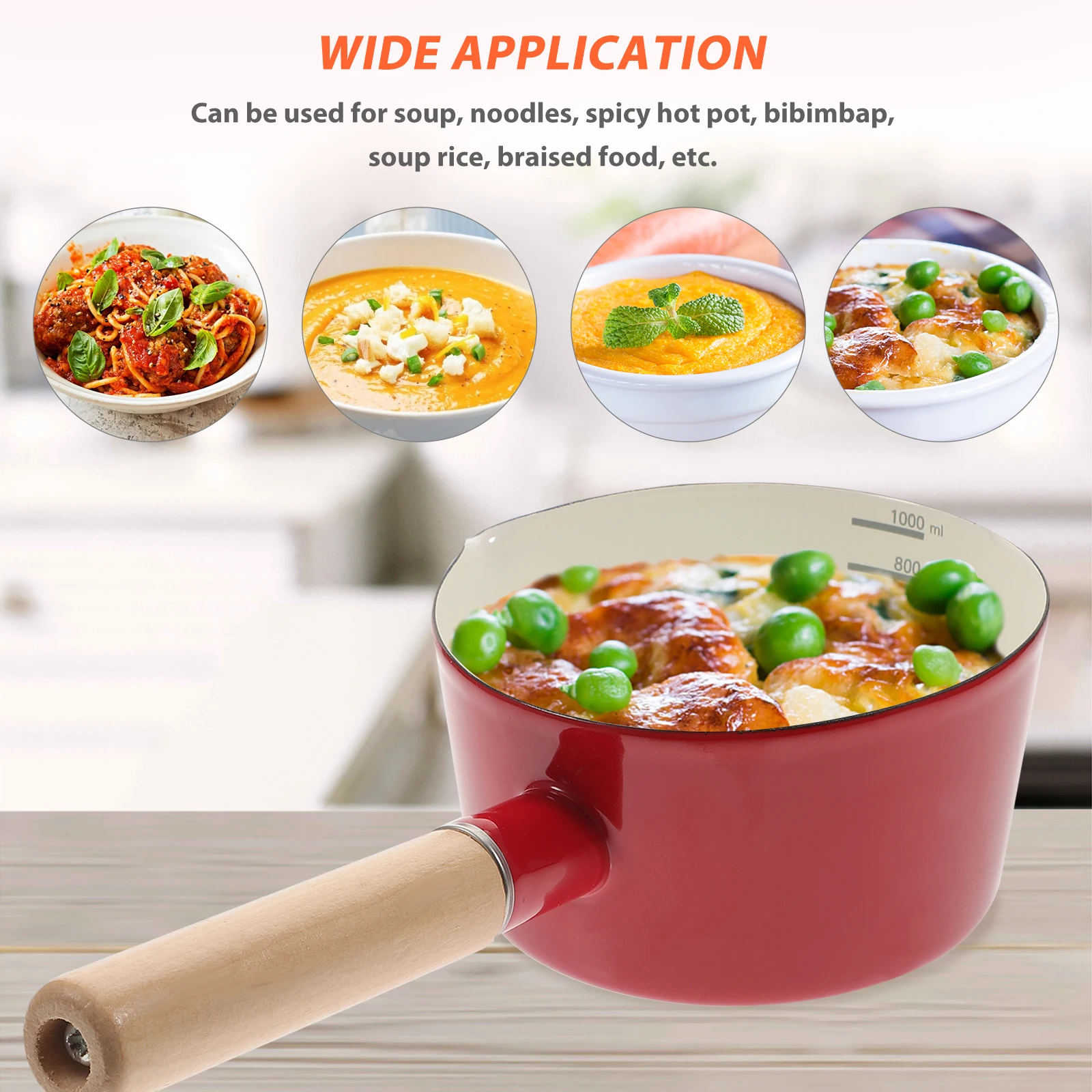

1000ml Red Long Handle Thickened Enamel Snow Pot for Milk Stew Sauce Chocolate Small Lightweight Nonstick Mini Cooking Pan