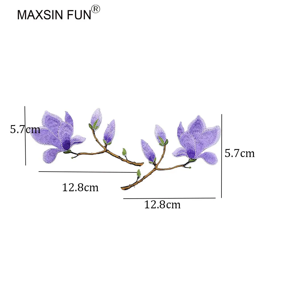 Magnolia Flower Branch Iron-on Embroidery Patches, Sew-on Cartoon Flower Patches for Bag Clothes, DIY Decoration, 1 Pair