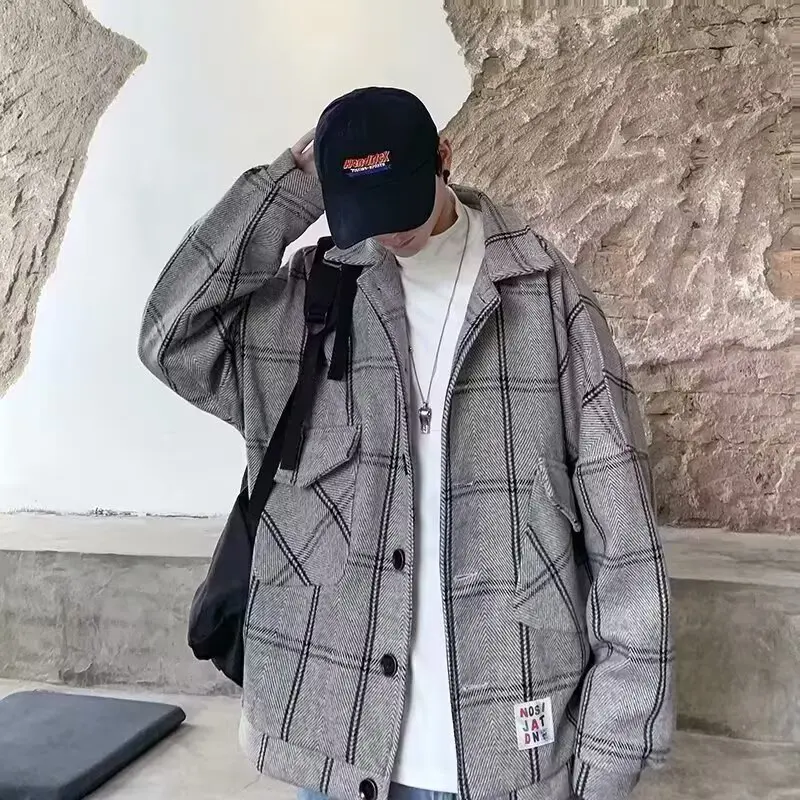 

Thiened Autumn Winter Plaid Woolen Coat Men's Jaet Korean Version Mid-Length Coat Outerwear Large Size 250 Pou