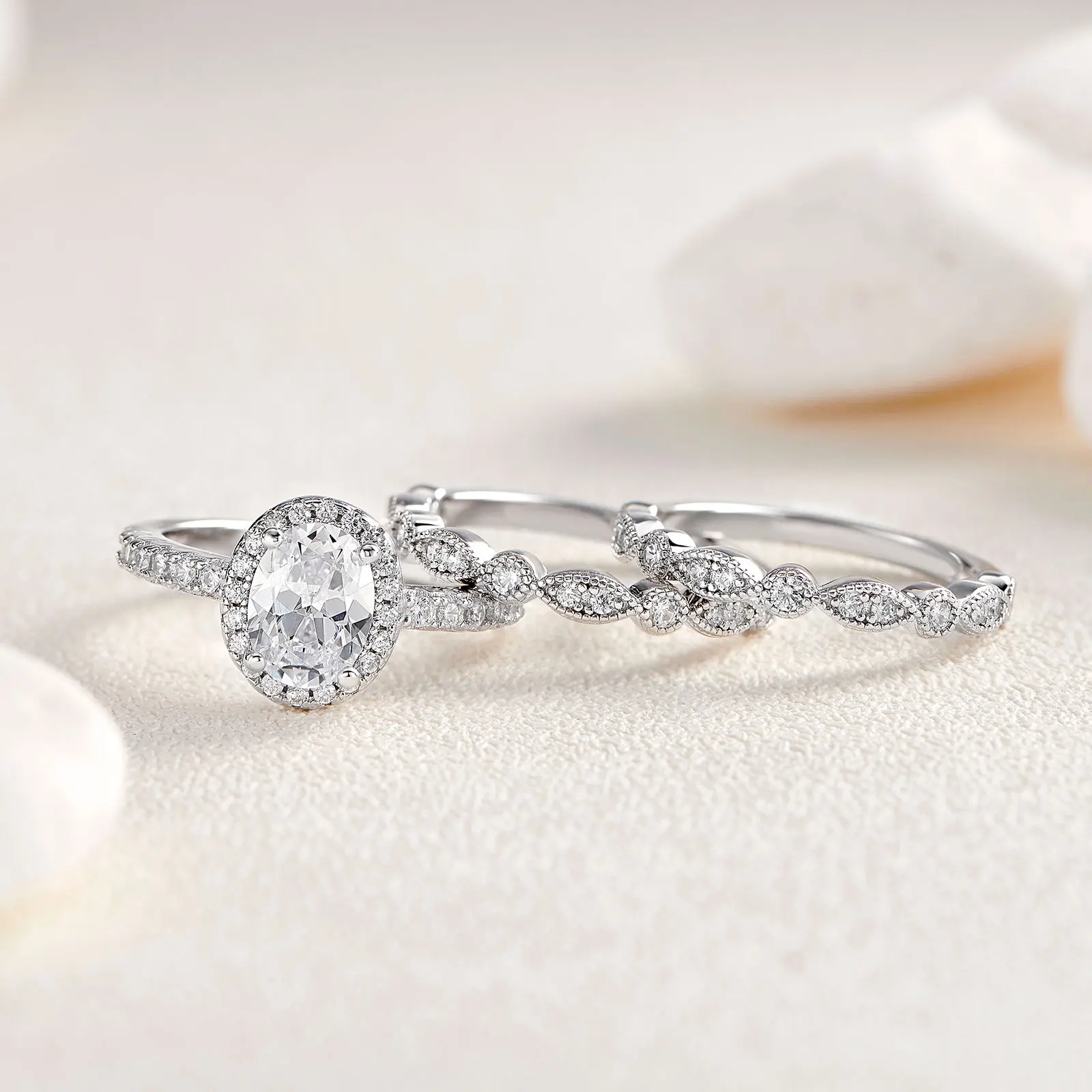 Newshe 3 Pieces Wedding Engagement Rings Set for Women 925 Sterling Silver Jewelry Art Deco Bands Oval AAAAA Cubic Zircon Ring