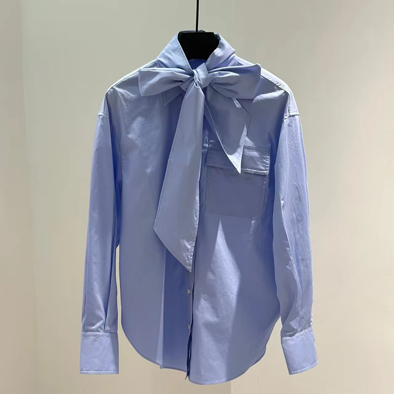 

Women's ribbon shirt, beaded chain long-sleeved top, fashionable casual versatile jacket, high-quality top, autumn, new style,