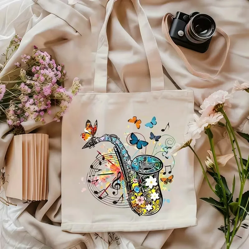 

Colorful Saxophone Butterfly Canvas Tote Bag Musical Note Floral Print Reusable Shoulder Bag Shopping Handbag For Women