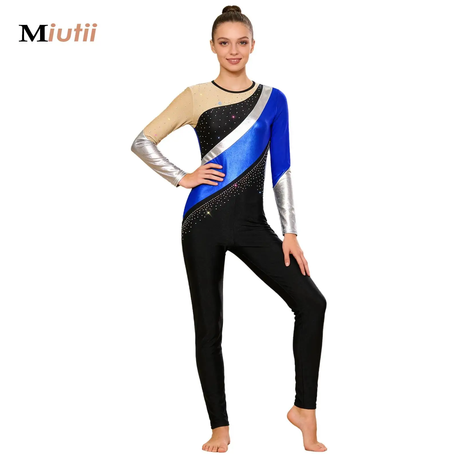 

Women Metallic Rhinestones Gymnastics Unitard Ballet Dance Bodysuit Jumpsuit Figure Skating Practice Performance Dancewear