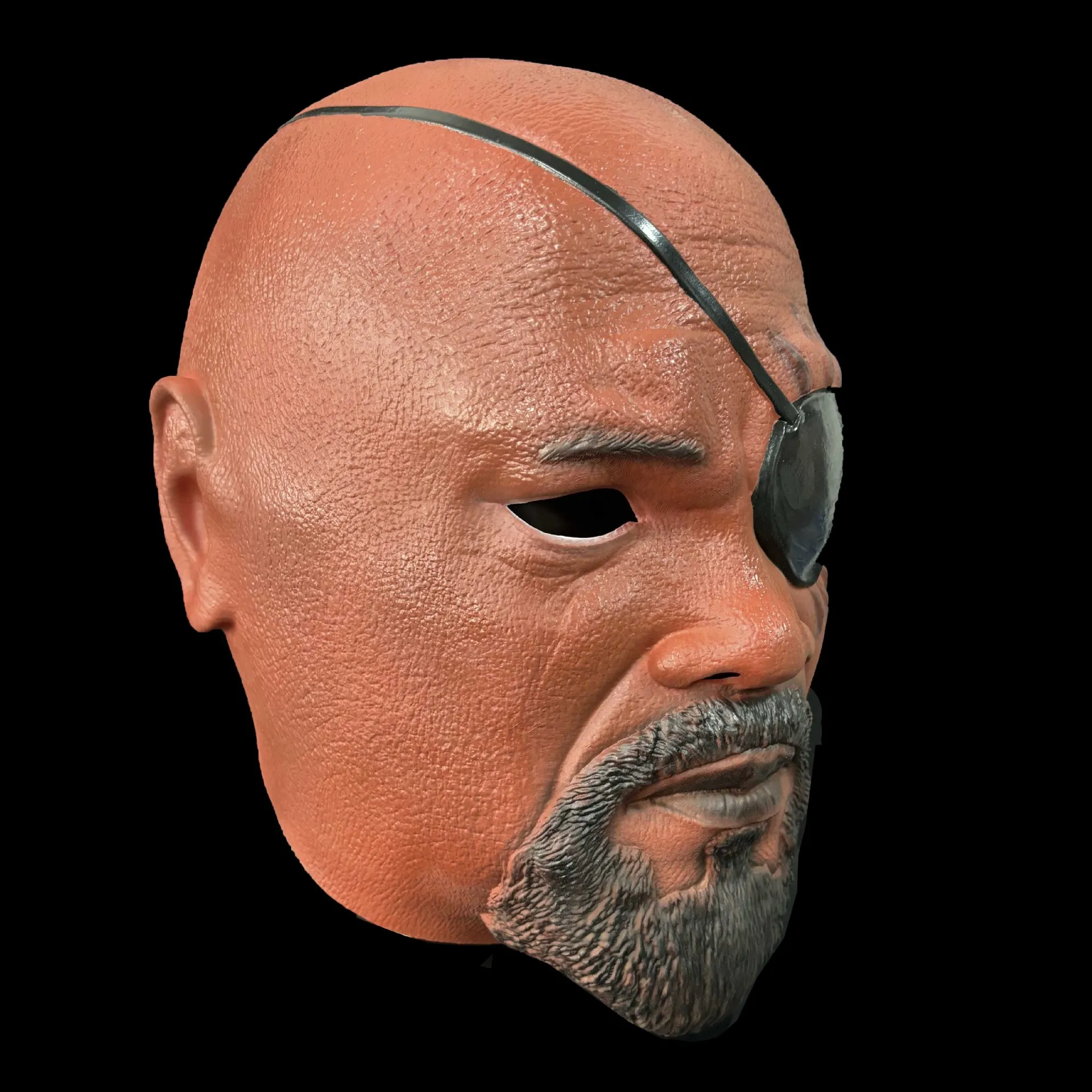 Realistische Glatzkopf-Latexmaske mit Augenklappe, bärtige Narben-Gesichtsmaske für Erwachsene, Halloween-Cosplay-Maskerade-Party-Requisiten – Detail 4