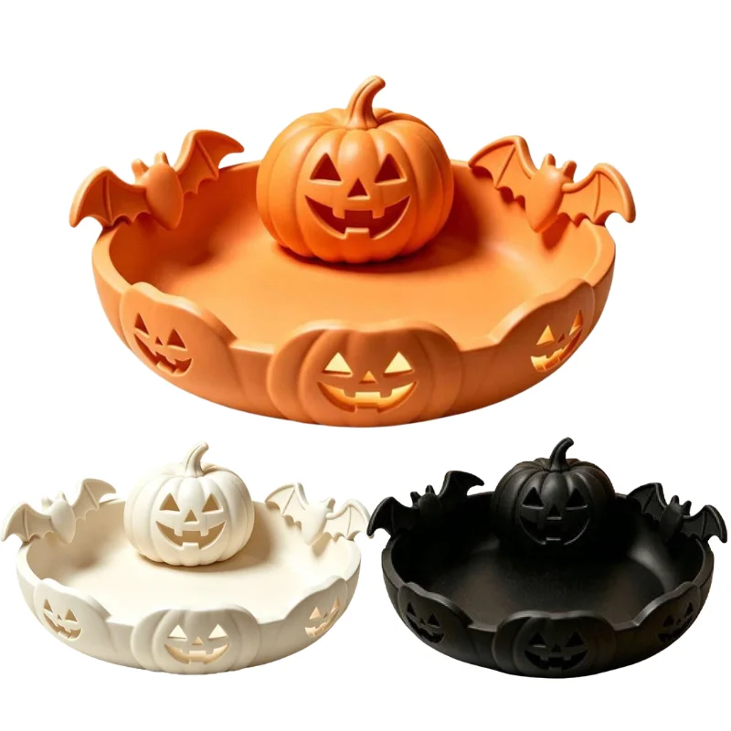 Halloween Pumpkin Bat Decorative Tray Resin Candy Dish Halloween Pumpkin Lantern Storage Bowl for Tabletop Party Home Decor