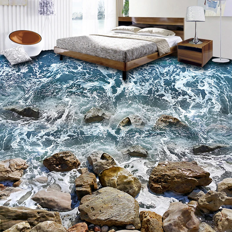 Custom 3D Floor Mural Wallpaper Bathroom Bedroom Non-slip Waterproof Thickened Self-adhesive Sea Stone Floor Sticker