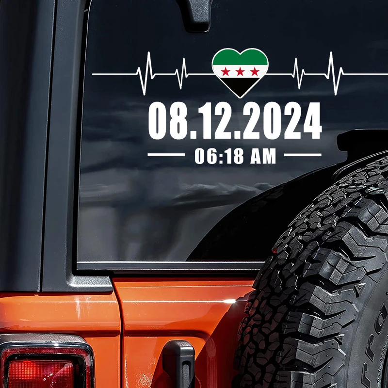 50x20cm Heart Beat Sticker with Syria Flag in Heart Shape & Date 08.12.2024, Vinyl Decal for Car Rear windshield, Window, Door