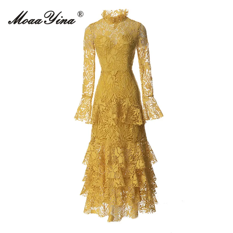 

MoaaYina Summer Fashion Designer Vintage Yellow Party Dress Women Flare Sleeve Hollow Out Cascading Ruffle High Waist Long Dress